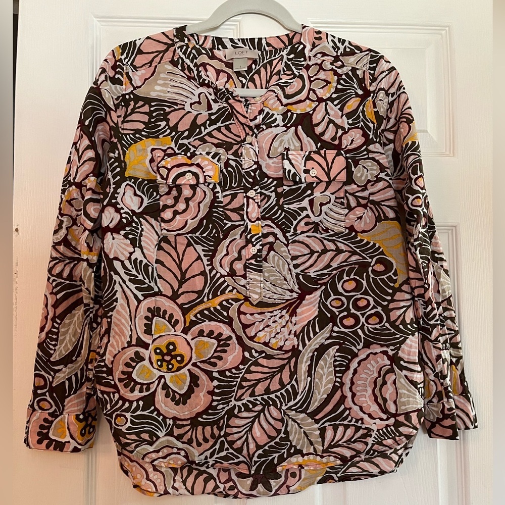 Loft/women’s LS blouse, size S, olive green, maroon, yellow, pink, cream